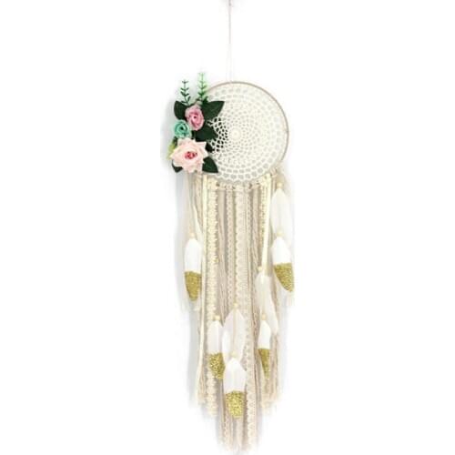 Lace Handmade Dream Catchers Feather Boho Dreamcatchers With Artificial Flowers Wall Hanging Wedding Decoration Craft Gift