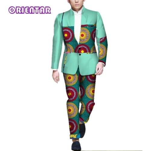 Fashion Men Africa Clothing African Wax Print Blazer Coat and Long Pants Casual African Pants Set Suit Male Bazin Riche WYN1133