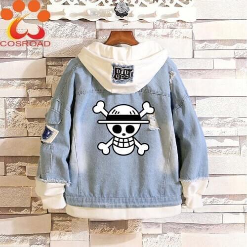 Cosroad 2019 New One Piece Denim Hoodie Luffy Cosplay Jeans Hooded Tops Men Women Halloween Costume Jacket Coats