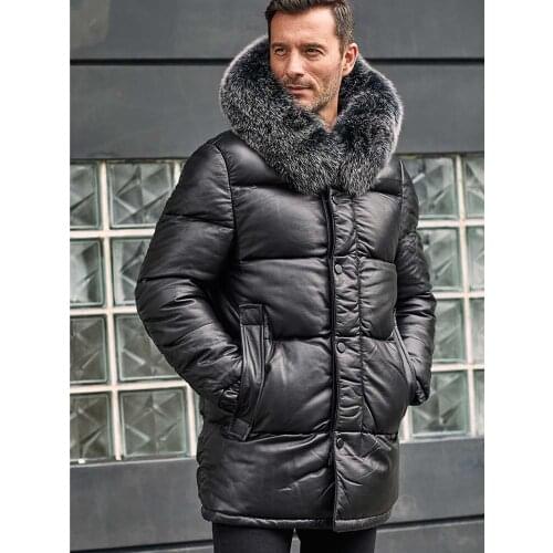 Mens Cowhide Coat Genuine Leather Black Down Jacket With Fox Fur Collar Warmest Long Winter Overcoat