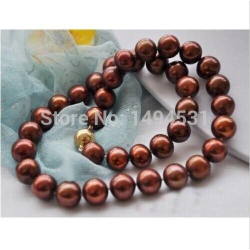 Wholesale Pearl Jewelry 17 Inches 10mm Round Coffee Freshwater Pearl Necklace - Yellow Magnet Clasp - XZN40