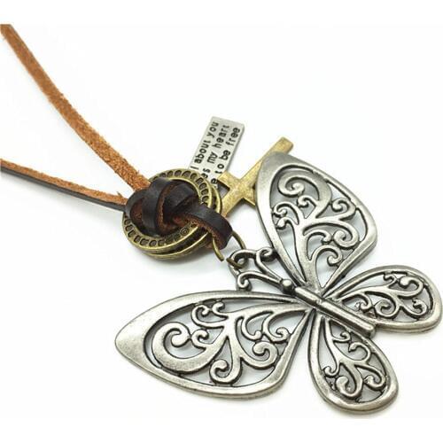 New Long Vintage Brown Genuine Leather Bronze Silver Hoop Cross Butterfly Pendant Men Necklace For Women Male Wholesale Jewelry
