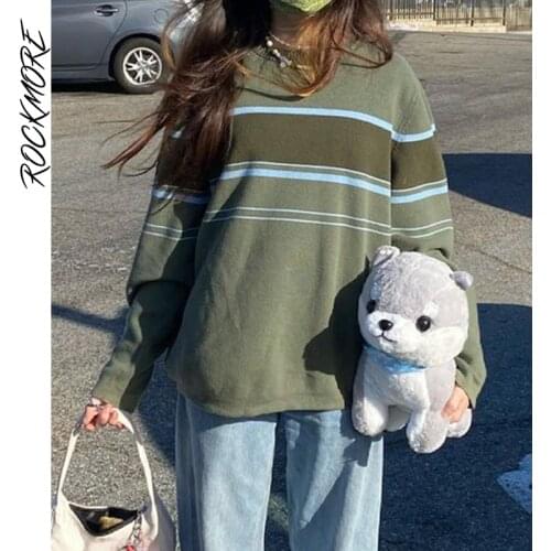 Rockmore Striped Knitted Sweaters Loose Women Vintage Casual Jumpers Autumn Y2K Aesthetic Pullovers Knitwear Korean Fairy Grunge