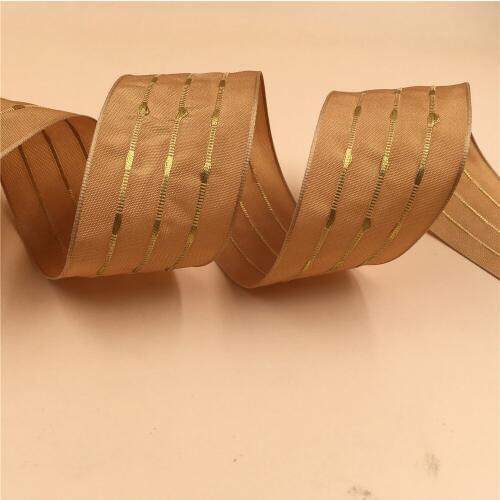N2031 38mm X 25yards Wired Edge Gold Satin Taffeta Ribbon W/ Stitches Lines . Gift Bow,Wedding,Cake Wrap,Tree Decoration,Wreath