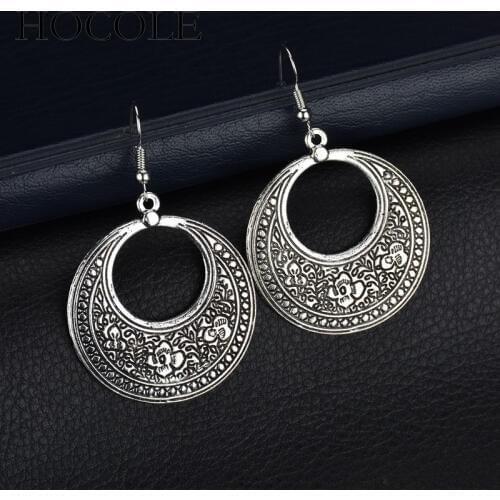 HOCOLE Hollowed Circle Tassel Drop Earrings Ethnic Flower Carved Big Statement Hook Hanging Earring For Women Party Jewelry Gift