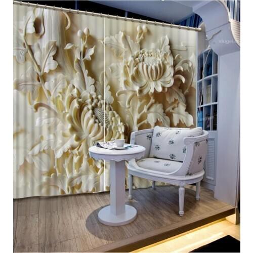 Polyester Set with Hooks relief curtains for bedroom living room Flowers print Chinese Customized 3D Blackout Curtains