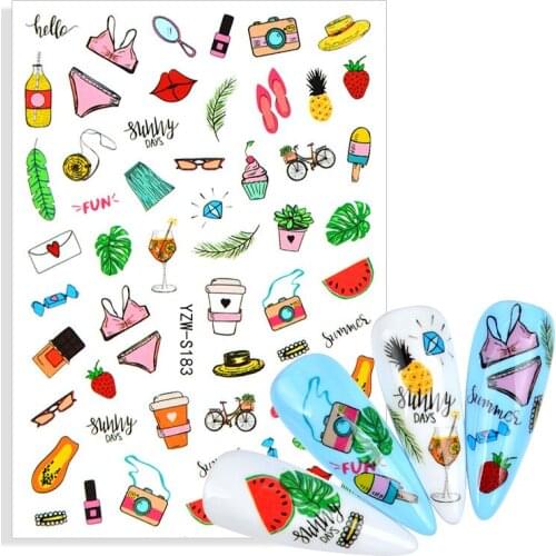 1pcs 3D Nail Art Stickers Sliders Sweet Summer Holiday Fruit Leaf Ice Cream Bikini Girl Anchor Adhesive Nails Decoration Decals