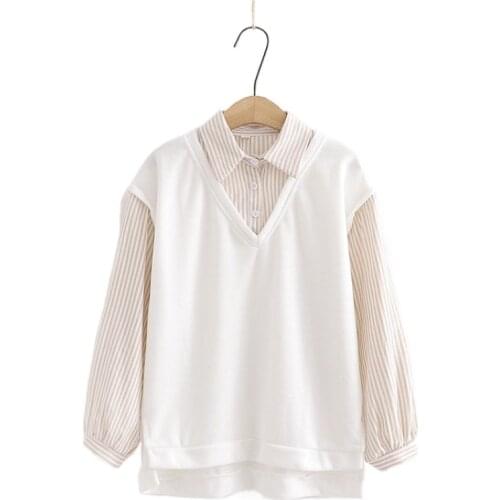 Spring 2021 Student Womens Sweatshirt Striped Fake Two-Piece Turndown Collar Patchwork Loose Pullovers 2012311