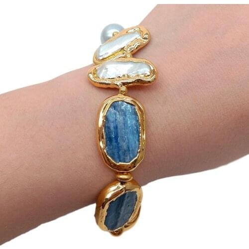 YYGEM Gold Filled Blue Kyanite Rectangle Cultured White Biwa Pearl Gray Rice freshwater Pearl Bracelet 8" for women