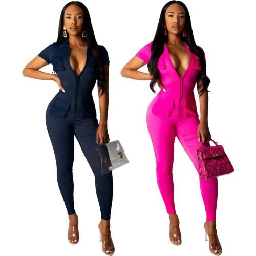 S-XXL Womens Soft Short Sleeves Zip Up One Piece Bodycon Jumpsuits Denim with Pockets