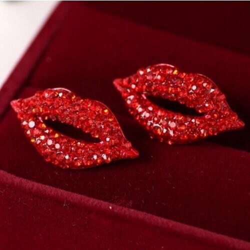 1 Pair Women Fashion Red Lip Rhinestone Earrings High Quality Big Brand Classic Luxurious Elegant Sexy For Women Girls
