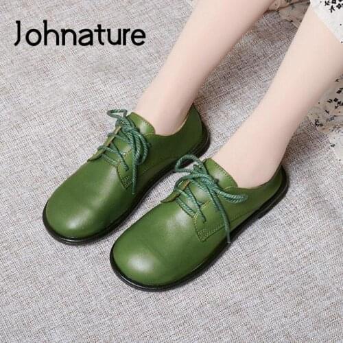 Johnature Flats Women Shoes Lace-Up 2021 New Genuine Leather Spring/Autumn Round Toe Handmade Leisure Concise Ladies Shoes