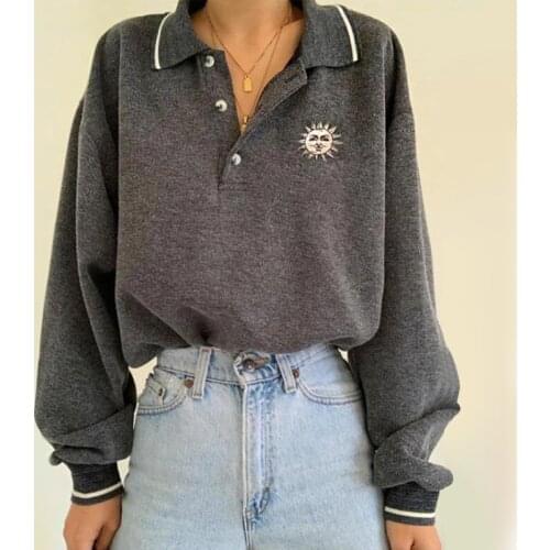 Spring Fall Women Lapel Gray Pullover Temperament Long Sleeve Sun Printed Pullover Female Solid Color Korean Hoodies Sweatshirt