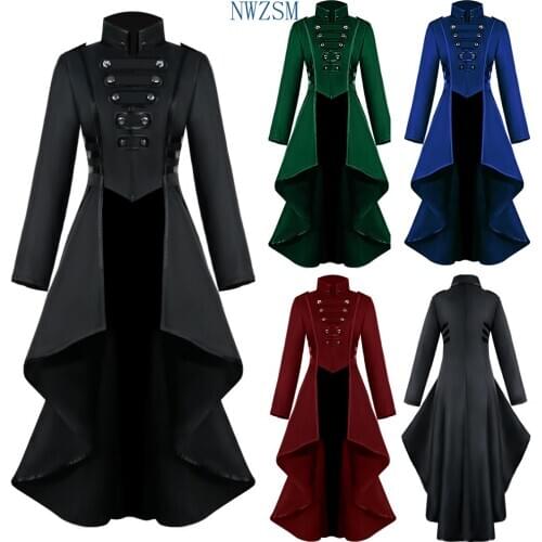 Halloween Women Medieval Gothic Witch Vampire Cosplay Costume Tuxedo Jacket Carnival Party Steampunk Vintage Irregular Tailcoat