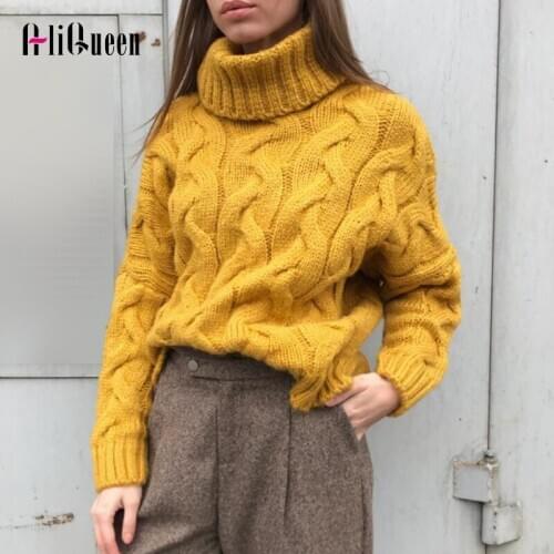 2020 AutumnWomen Thick Long Sleeve Turtleneck Knitted Loose Crop Sweaters Pullover Korean Female Casual Winter Warm Sweater Top