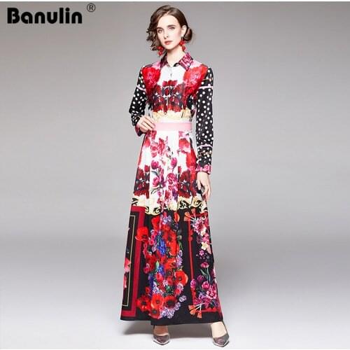 Autumn Vintage Runway Floral Print Long Dress Women Turn Down Neck Buttons Down Long Sleeve Slim Elegant Party Maxi Dress N78620