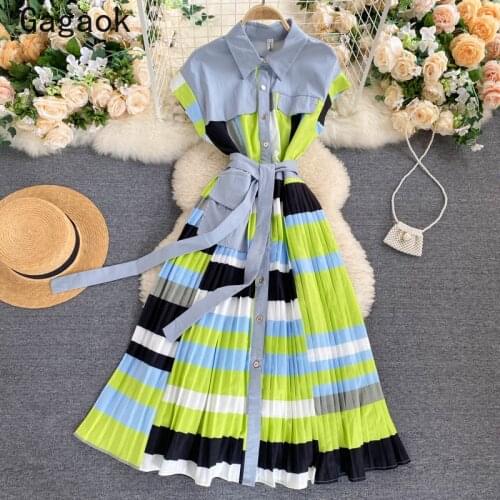 Gagaok High Street Women Patchwork A-Line Dress 2020 Summer New Belt Lapel Empire Midi Dresses Casual Wild Fashion Vestidos