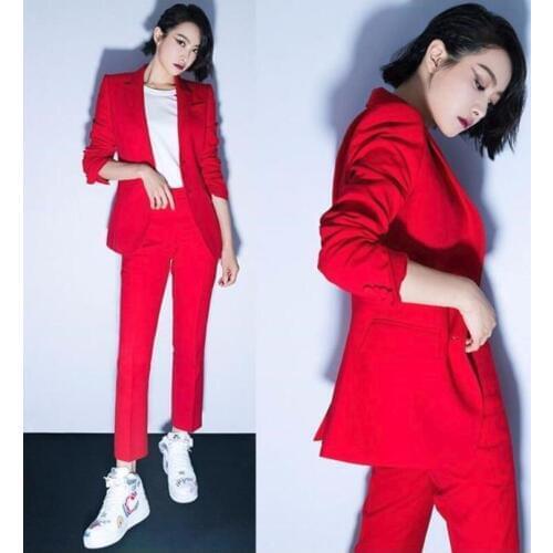 2019 new Women Sets Office Lady 2 Piece Solid Red Elegant Single Breasted Turn-down Collar Blazers slim Trousers suit autumn