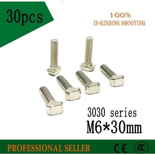 30pcs 3030 Series M6*30mm Hammer Head T Bolt Screw Nickel Plated For 3030 Aluminum Profile T-slot t screw