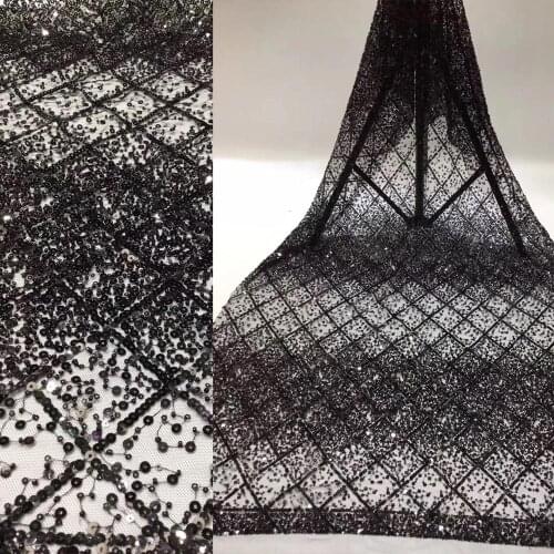 5yards/pc) Black color sequins and tube beads embroidered African French net lace fabric high grade for party dress FSS114