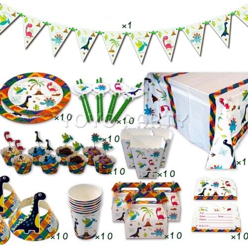 92Pcs for 10kids Dinosaur Dino theme birthday party supplies tableware set, plate+cup+straw+banner+tablecover ect