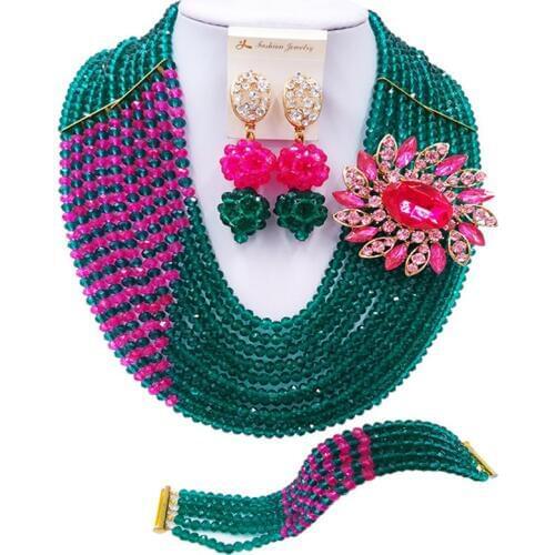 ACZUV Army Green Hot Pink African Beads Nigeria Wedding Jewelry Sets 10C-JZ003