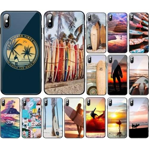 Summer Beach surfboard surfing Sport Tempered Glass Phone Case For iphone 12 11 Pro Max XS XR X 8 7 6 6S Plus SE2 Fundas Case