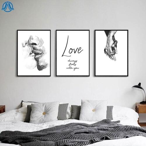 Black And White Poster Love Quote Kiss Hand Wall Art Canvas Print Nordic Painting Wall Picture Modern Home Room Decoration
