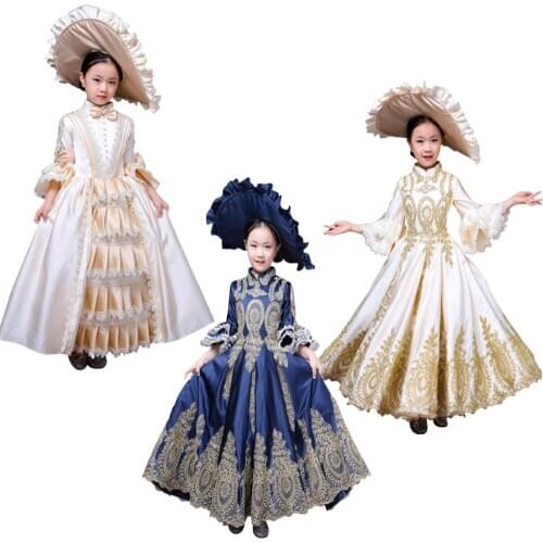 Kid Child girl champagne Bow Dance 18th Century Queen Victorian Marie Antoinette dress with hat