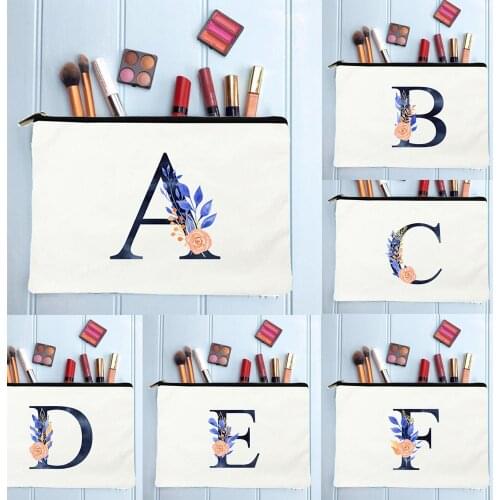 Blue Letters Rose Printing Cosmetic Bags Women Fashion Makeup Pouch Makeup Storage Organizer Travel Canvas Eco Causal Handbags