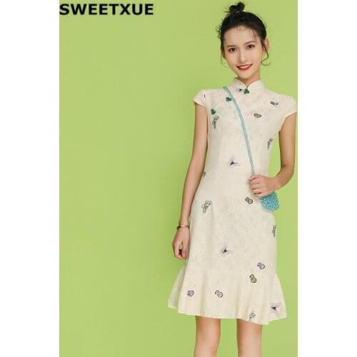 SWEETXUE Lace Cheongsam Improved Ladies Modern Chinese Style Sexy Slim Cute Kawaii Fish Tail Temperament Elegant Dresses Women