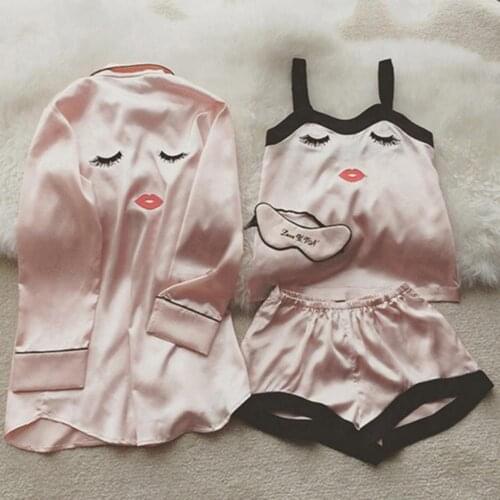 60%HOT4 Pieces Women Summer Pajamas Top Shorts Robe Eye MaskS1 Sleepwear Clothing Set