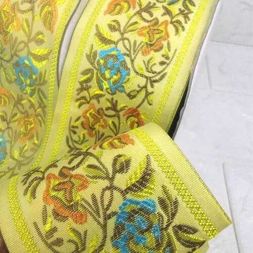 HOT Vintage yellow background flower ribbon 70MMX10YD Handmade Woven Jacquard Ribbon Trims Curtains clothes and Bags Accessory