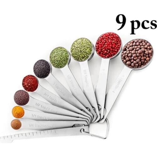 9pcs Stainless Steel Measuring Spoon Metal Measuring Teaspoon with 1 Scraper Measuring Tools Kitchen Gadgets