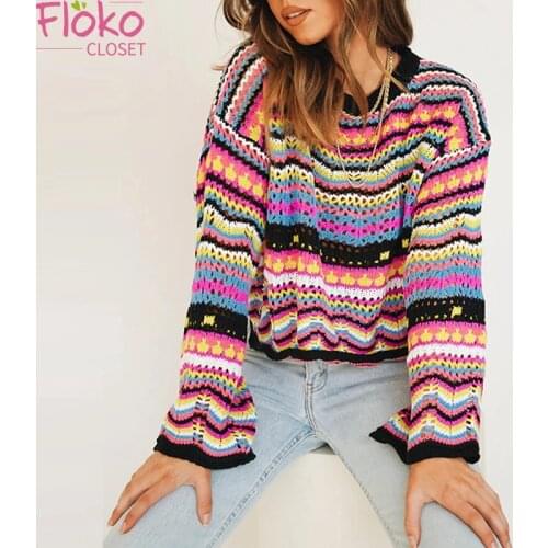 Flokocloset Fashion Long Sleeve Stitch Rainbow Sweater Winter Loose O-Neck Stripe Pullovers Women Jumpers