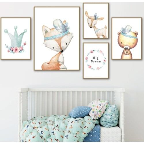 Cartoon Bear Deer Fox Flower Feather Crown Wall Art Canvas Painting Nordic Posters And Prints Wall Pictures For Kids Room Decor