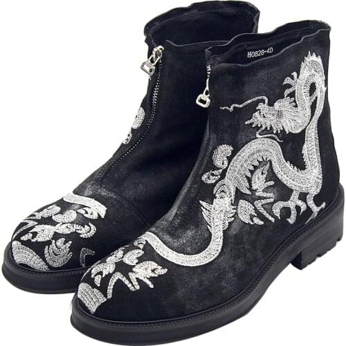 Winter Round toe High Quality Cowhide Embroidery Men Boots Genuine Leather Dragon Mens Boots short Ankle Boots for men