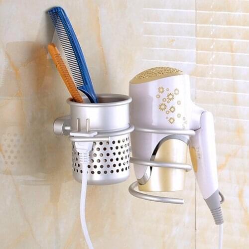 Wall-Mounted Hair Dryer Silber Aluminium Hair Dryer Holder Bathroom Hair Care And Styling Tools Storage Basket