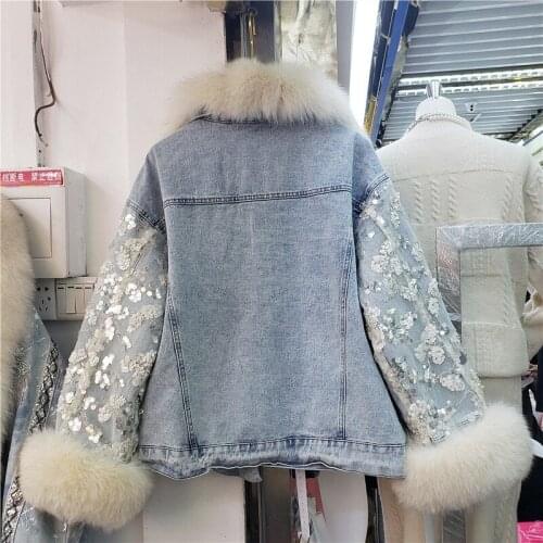 New Fashion Women Thick Warm Denim Jacket Fox Fur Collar Shiny Qequin Jean Coat Winter Casual Padded Outerwear Ladies Jackets