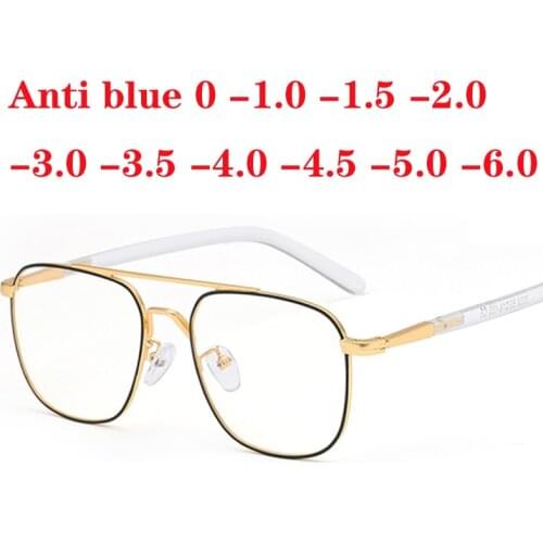 Men Square Spectacles Double beam Glasses Fashion Anti Blue Ray Clear Lens Metal Frame Eyeglasses 0 -1.0 -2.0 To -6.0