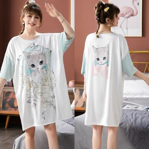 Pajamas sexy ladies summer Satin Chiffon large round neck skirt Pullover printed cartoon nightdress