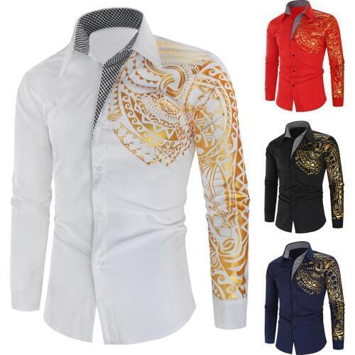 Stylish Men Hot Stamping Totem Print Turn Down Collar Buttons S-lim Fit Shirt Homme Social Men Club Prom Shirt