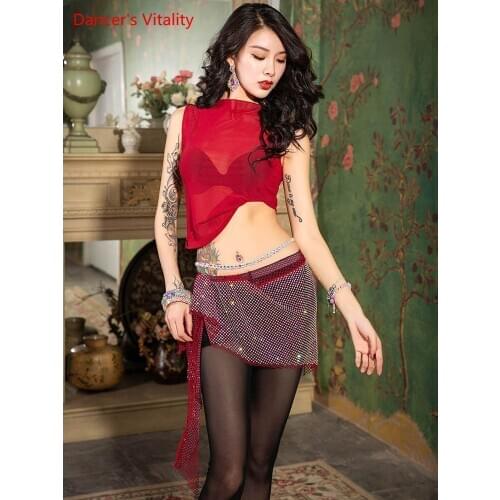 Belly Dance Female adult Elegant Top Practice Clothes New Suit Pants Mesh Colored Diamonds Hip Scarf Performance Clothing