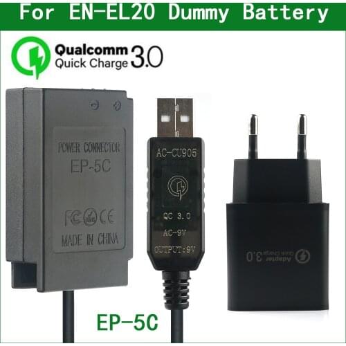 QC3.0 EN-EL20 EN EL20 EL20a EP-5C Dummy Battery Power Bank USB Cable for Nikon 1J1 1J2 1J3 1S1 1AW1 1V3 P1000
