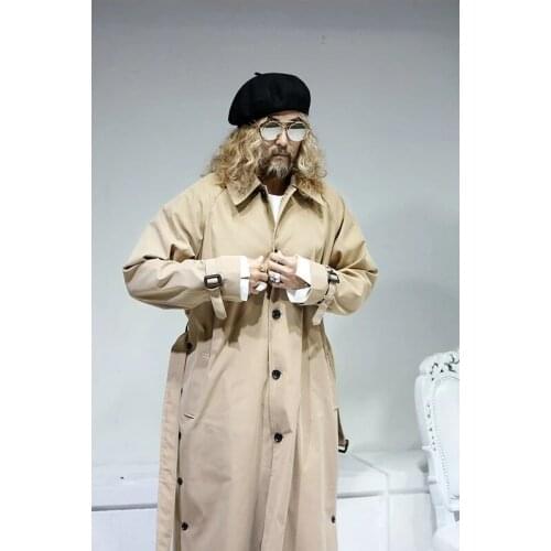 Mens new solid color single row button decoration loose fashion windbreaker coat Long versatile spring and autumn top