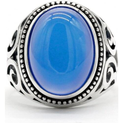 Vintage Mens Ring with Agate Stone 925 Sterling Silver Blue Natural Gemstone Ring Gorgeous Jewelry Stone Rings For Men Gift