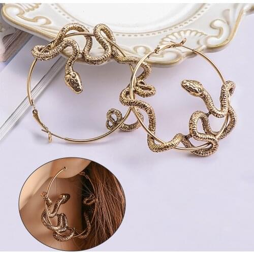 Vintage Gothic Cool Punk Antique Earrings Animal Black Snake Earrings Twining Snake Hoop Earring Statement Ear Decor Jewelry