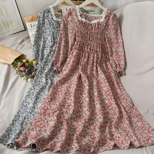 Vintage Floral Dresses Women Long Sleeve Lace square collar Party Dress Office Lady Slim Midi Dress 2021 Autumn Clothing Female