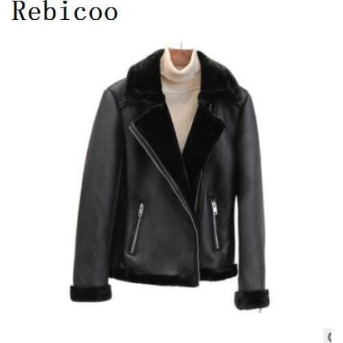Rebicoo PU Leather Jacket Women Slim Fit Long Sleeves Warm Wool Lining Coat Outwear Turn-down Jacket Leather Streetwear