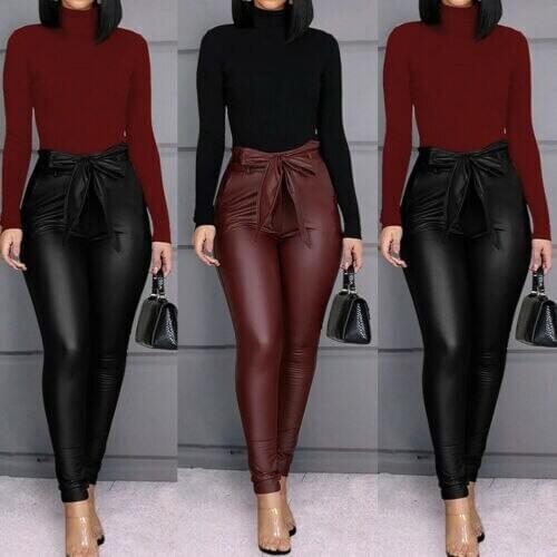 Belt High Waist Pencil Pant Women Faux Leather PU Sashes Long Trousers Casual Sexy Push Up Slim Design Fashion